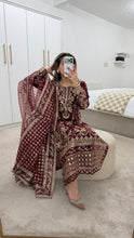 Load image into Gallery viewer, Maroon embroidered suit with full embellishment detailing and organza embroidered duppata. Crepe trouser. Eid collection and party wear