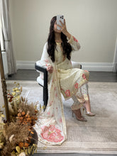 Load image into Gallery viewer, Black/ white chiffon embroidered suit with sequin embroidery and embellishments. Chiffon duppata. Eid and party wear.
