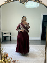Load image into Gallery viewer, Chiffon frock style suit with sari draped duppata and hand embellishments and silk trouser. Eid collection. Party wear.