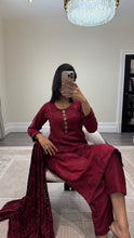 Load image into Gallery viewer, DEFECTIVE Dhanak embroidered suit with plachi shawl and jewelled tassel on neckline￼