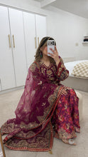Load image into Gallery viewer, Pink Organza embellished 3 piece suit with wide leg silk trouser Eid collection party wear