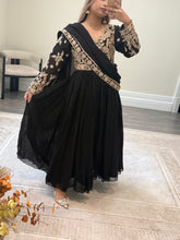 Load image into Gallery viewer, Chiffon frock style suit with sari draped duppata and hand embellishments and silk trouser. Eid collection. Party wear.