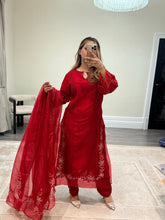 Load image into Gallery viewer, Korean raw silk suit with emrboidery and lace details. Organza duppata. Party wear. Eid collection.
