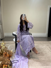 Load image into Gallery viewer, Lilac Lace net pearl embellished suit with trouser with chiffon duppata.