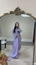 Load image into Gallery viewer, Lilac Lace net pearl embellished suit with trouser with chiffon duppata.