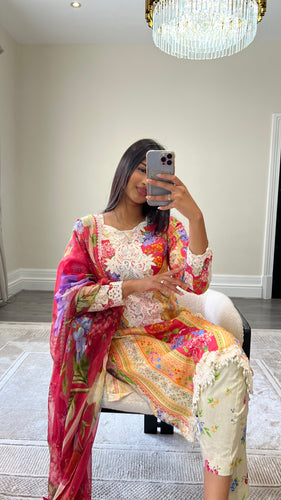 Maria B inspired embroidered lawn suit orange print with chiffon duppata