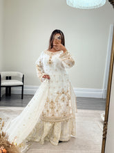 Load image into Gallery viewer, Elegant white beauty diamonte 3 piece suit with organza duppata and sharara