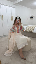 Load image into Gallery viewer, Cotton silk handwork suit in  off white with colourful embroidery and silk duppata