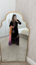 Load image into Gallery viewer, Purple velvet embroidered suit with sequin embroidery and embellishments. Chiffon duppata. Eid and party wear.