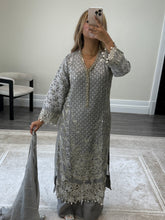 Load image into Gallery viewer, Grey Maria b inspired chiffon suit with embellishment and embroidery with chiffon duppata and trouser. Asian party wear suit.