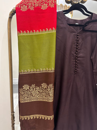 Dhanak 3 piece suit with shawl duppata Brown