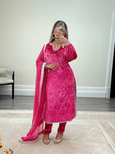 Load image into Gallery viewer, Black/pink velvet embroidered suit with velvet trouser and chiffon duppata