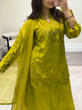 Load image into Gallery viewer, Croatia suit with embellishments and trouser. Chiffon duppata. South Asian party wear suits