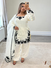 Load image into Gallery viewer, Cream and black embroidered cotton silk suit with shalwar and organza duppata with embroidery.