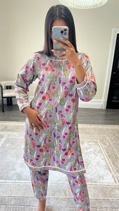 Poly cotton printed 2 piece coord with shirt and trouser.