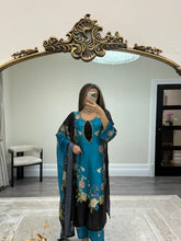 Load image into Gallery viewer, Silk 3 piece suit lulusar inspired with handwork on neckline. Kameez suit.