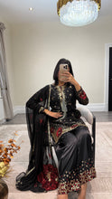 Load image into Gallery viewer, Black/ white chiffon embroidered suit with sequin embroidery and embellishments. Chiffon duppata. Eid and party wear.