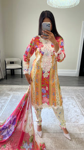 Maria B inspired embroidered lawn suit colourful print with chiffon duppata