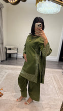 Load image into Gallery viewer, Vanya inspired silk embroidered suit with sequin embroidery and embellishments. Chiffon duppata. Eid and party wear.