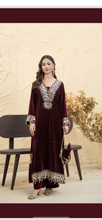 Load image into Gallery viewer, Design 2 Morrored Velvet Embroidered on trend kaftan with trouser and dupatta