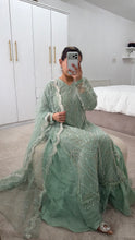 Load image into Gallery viewer, Cutdana Green suit with embroidered cotton net duppata and trouser. Party wear. Eid collection.