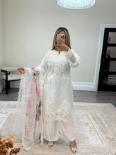 Load image into Gallery viewer, White embroidered shirt with floral print organza duppata and silk trouser
