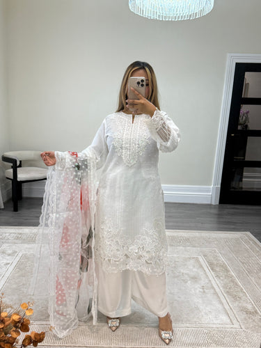 White embroidered shirt with floral print organza duppata and silk trouser