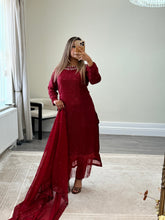 Load image into Gallery viewer, Sparkle Golden chiffon suit with embroidered chiffon duppata and trouser. Party wear. Eid collection.