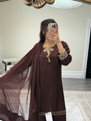 brown hand embroidered raw silk suit with farshi shalwar and chiffon duppta party wear suit