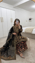 Load image into Gallery viewer, Black Organza embellished 3 piece suit with wide leg silk trouser Eid collection party wear