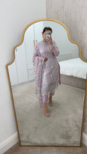 Load image into Gallery viewer, Defective Lilac / silver cotton net embroidered suit with cotton net duppata and crepe trouser (Copy)