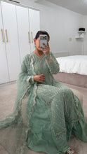 Load image into Gallery viewer, Cutdana Green suit with embroidered cotton net duppata and trouser. Party wear. Eid collection.