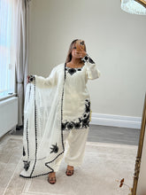 Load image into Gallery viewer, Cream and black embroidered cotton silk suit with shalwar and organza duppata with embroidery.