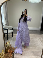 Load image into Gallery viewer, Lilac Lace net pearl embellished suit with trouser with chiffon duppata.