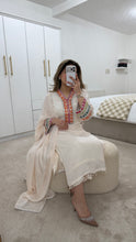 Load image into Gallery viewer, Cotton silk handwork suit in  off white with colourful embroidery and silk duppata