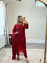 Load image into Gallery viewer, Sparkle Golden chiffon suit with embroidered chiffon duppata and trouser. Party wear. Eid collection.