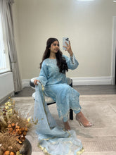 Load image into Gallery viewer, Ice blue Organza embellished suit with stonework. Organza duppata and silk trouser.