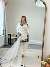 Load image into Gallery viewer, Cream and black embroidered cotton silk suit with shalwar and organza duppata with embroidery.