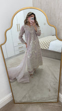 Load image into Gallery viewer, Light lilac / grey organza suit with embellishment and embroidery with duppata and trouser. Asian party wear suit.