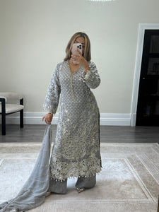 Grey Maria b inspired chiffon suit with embellishment and embroidery with chiffon duppata and trouser. Asian party wear suit.