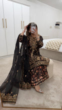 Load image into Gallery viewer, Black Organza embellished 3 piece suit with wide leg silk trouser Eid collection party wear