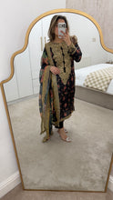 Load image into Gallery viewer, Black silk floral embroidered 3 piece suit with silk duppata