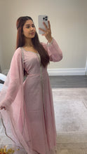 Load image into Gallery viewer, Mahira khan black sparkle suit with open gown style shirt. Duppata and trouser.