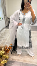 Load image into Gallery viewer, Raw silk black and white hand embroidered 3 piece suit with organza duppata
