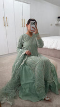 Load image into Gallery viewer, Cutdana Green suit with embroidered cotton net duppata and trouser. Party wear. Eid collection.