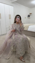 Load image into Gallery viewer, Light lilac / grey organza suit with embellishment and embroidery with duppata and trouser. Asian party wear suit.