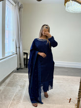 Load image into Gallery viewer, Sparkle Golden chiffon suit with embroidered chiffon duppata and trouser. Party wear. Eid collection.
