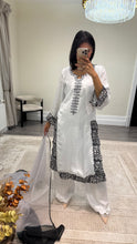 Load image into Gallery viewer, Raw silk black and white hand embroidered 3 piece suit with organza duppata