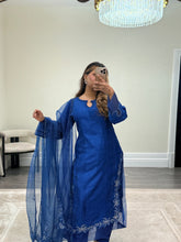 Load image into Gallery viewer, Korean raw silk suit with emrboidery and lace details. Organza duppata. Party wear. Eid collection.