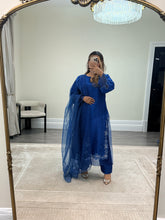 Load image into Gallery viewer, Korean raw silk suit with emrboidery and lace details. Organza duppata. Party wear. Eid collection.